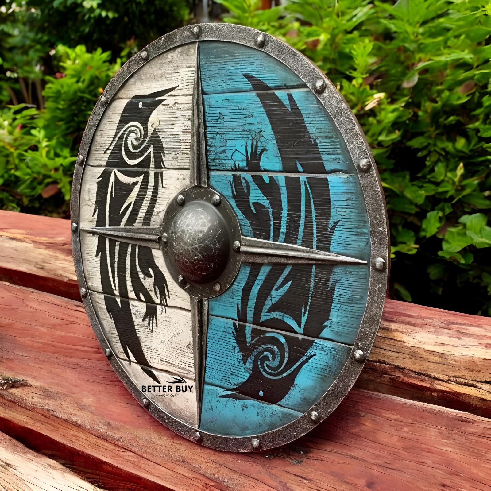 Bouclier viking en bois fait à la main Eivor Valhalla Raven 61 cm
