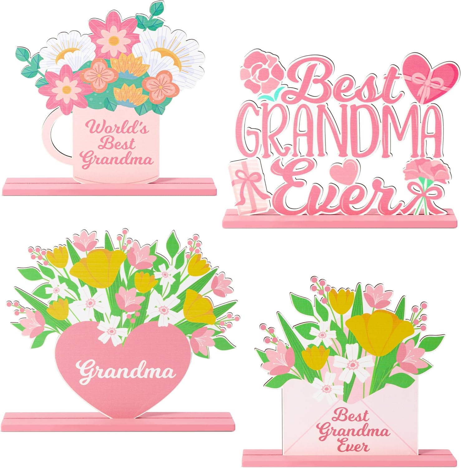 Haooryx Mother's Day Grandma Wooden Centerpieces Table Decorations - 4Pcs Best Grandma Ever Table Topper Sign Wood Craft Center Piece Decor for Mother's Day Party Home Decoration Grandma Birthday Gift