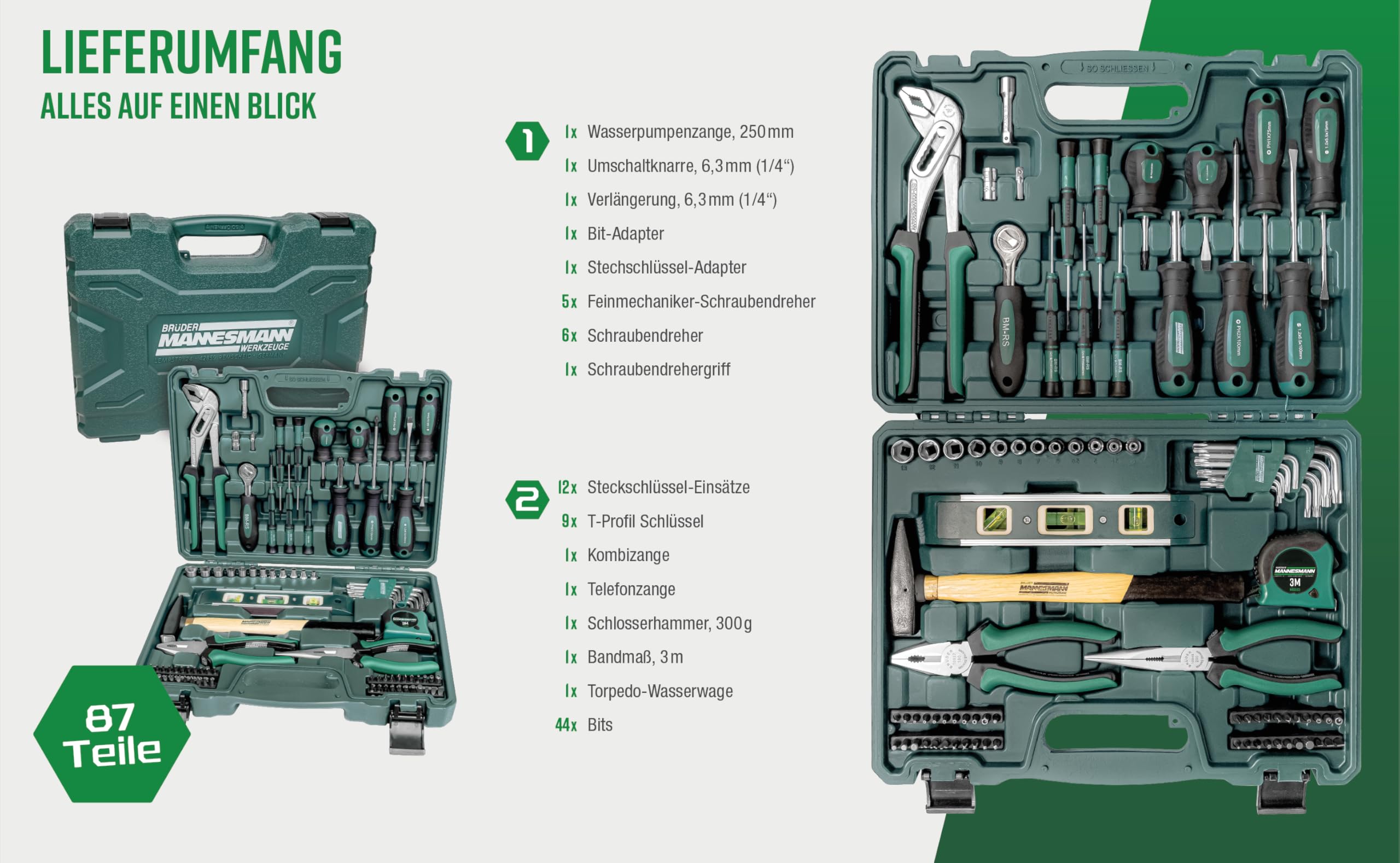 Brüder Mannesmann Werkzeugkoffer, 87-teilig - Werkzeugset mit Werkzeug aus Chrom-Vanadium-Stahl - inkl. Schraubendreher, Zangen, Hammer, Wasserwaage, Stecknüsse & Bits | M29084 - 5