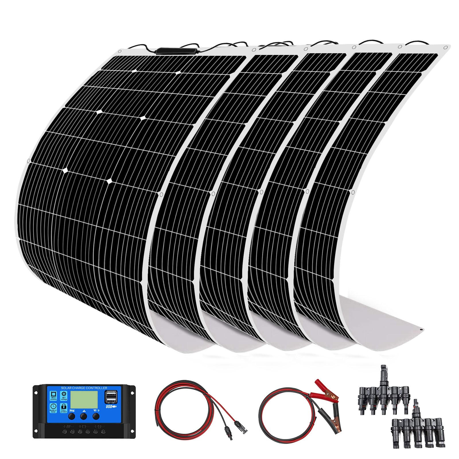 500w Off Grid Solar Kit 5pcs 100w Flexible Solar Panel Monocrystalline Solar Module + 50A USB Controller for RV, Roof, 12V Battery and Uneven Surfaces (500)