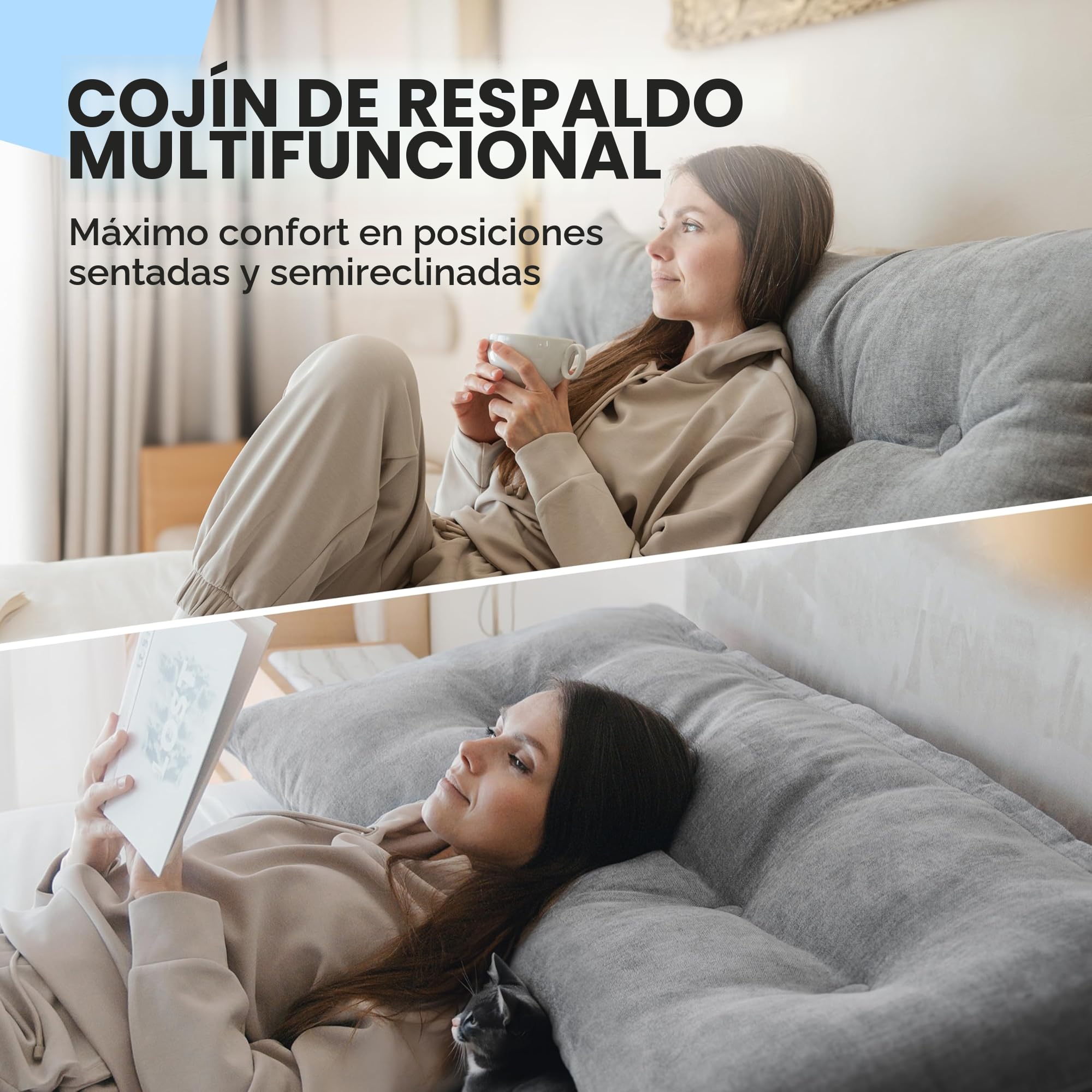 Björn&Schiller cojín de Respaldo, cojín de Lectura para Cama y sofá, Almohada de Lectura para Cama (Gris, 70 cm)