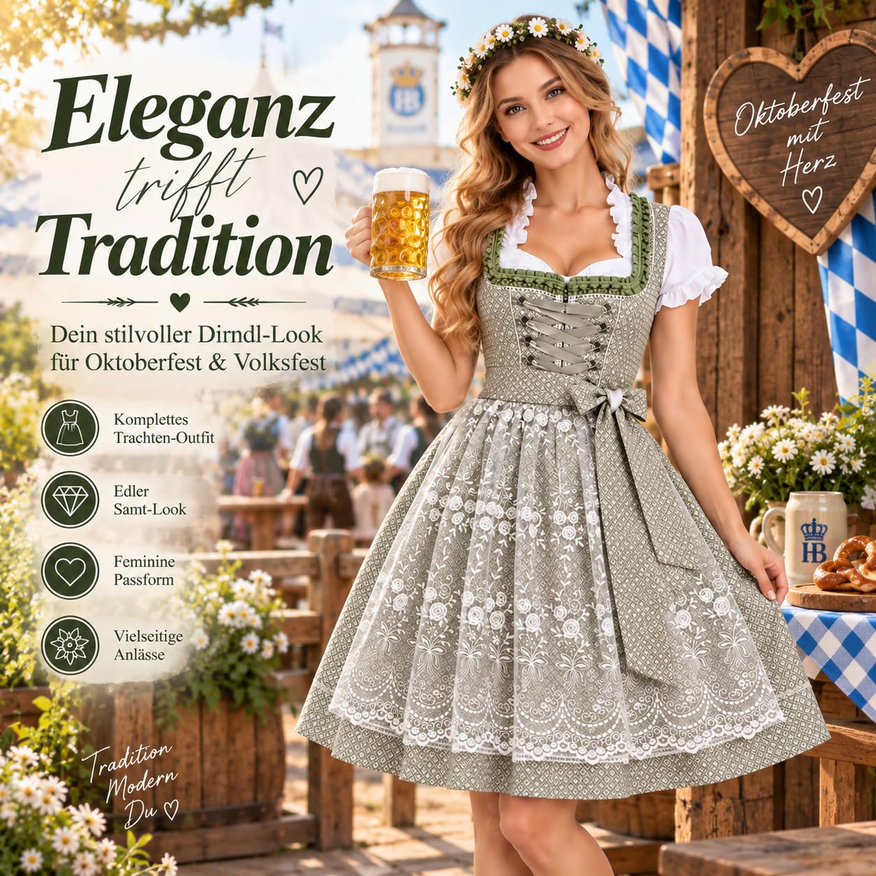Generisch Dirndl Damen Oktoberfest Damen Outfit Midi Dirndlkleid Trachtenkleid Oktoberfest Dirndl Kleidung Trachtenmode Kleid Schlicht Tracht Dirndlkleid Schürze Spitze Kleid Knielang Dirndlschürze