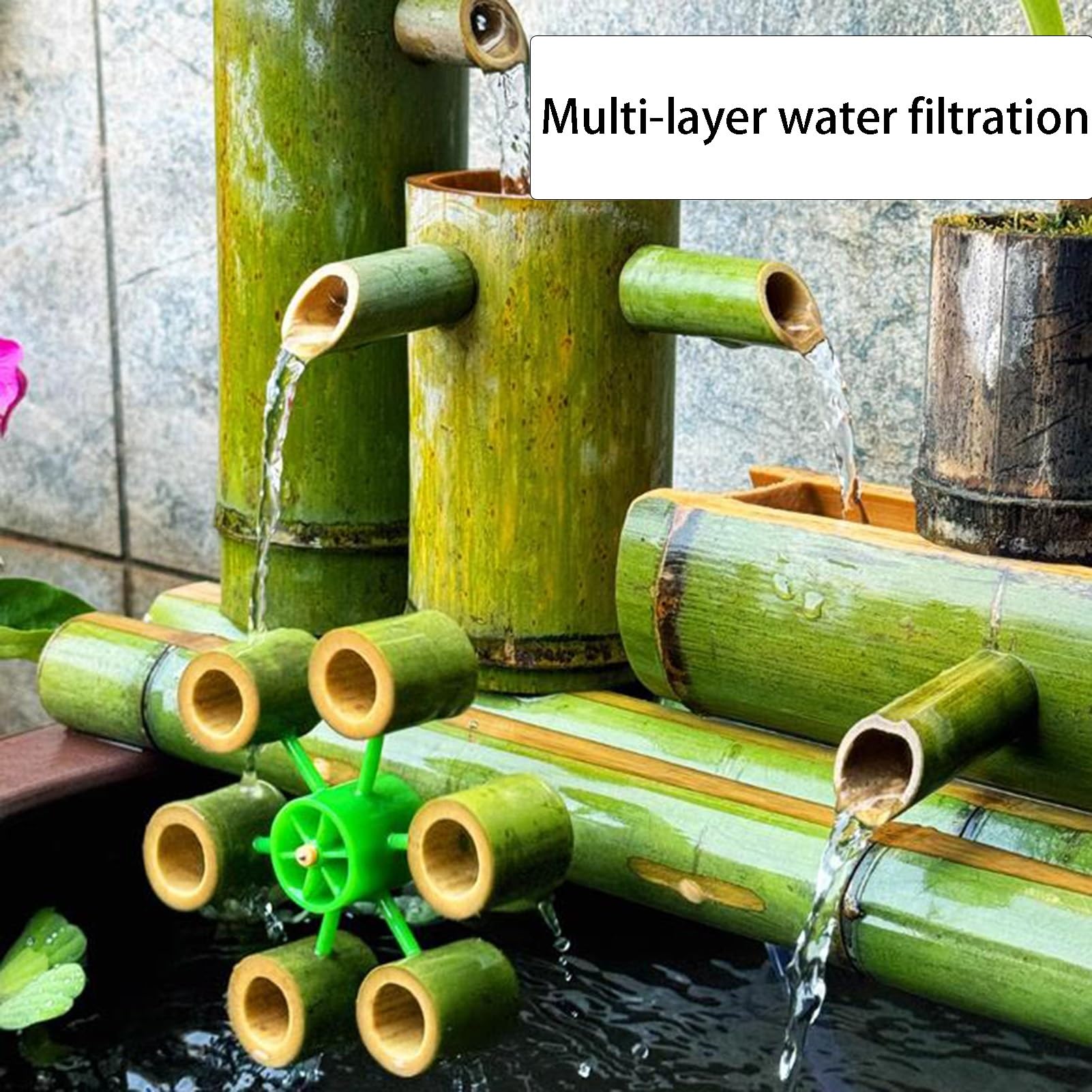 Fontana d'acqua in bambù con pompa, cascata da giardino, decorazione per interni ed esterni zen