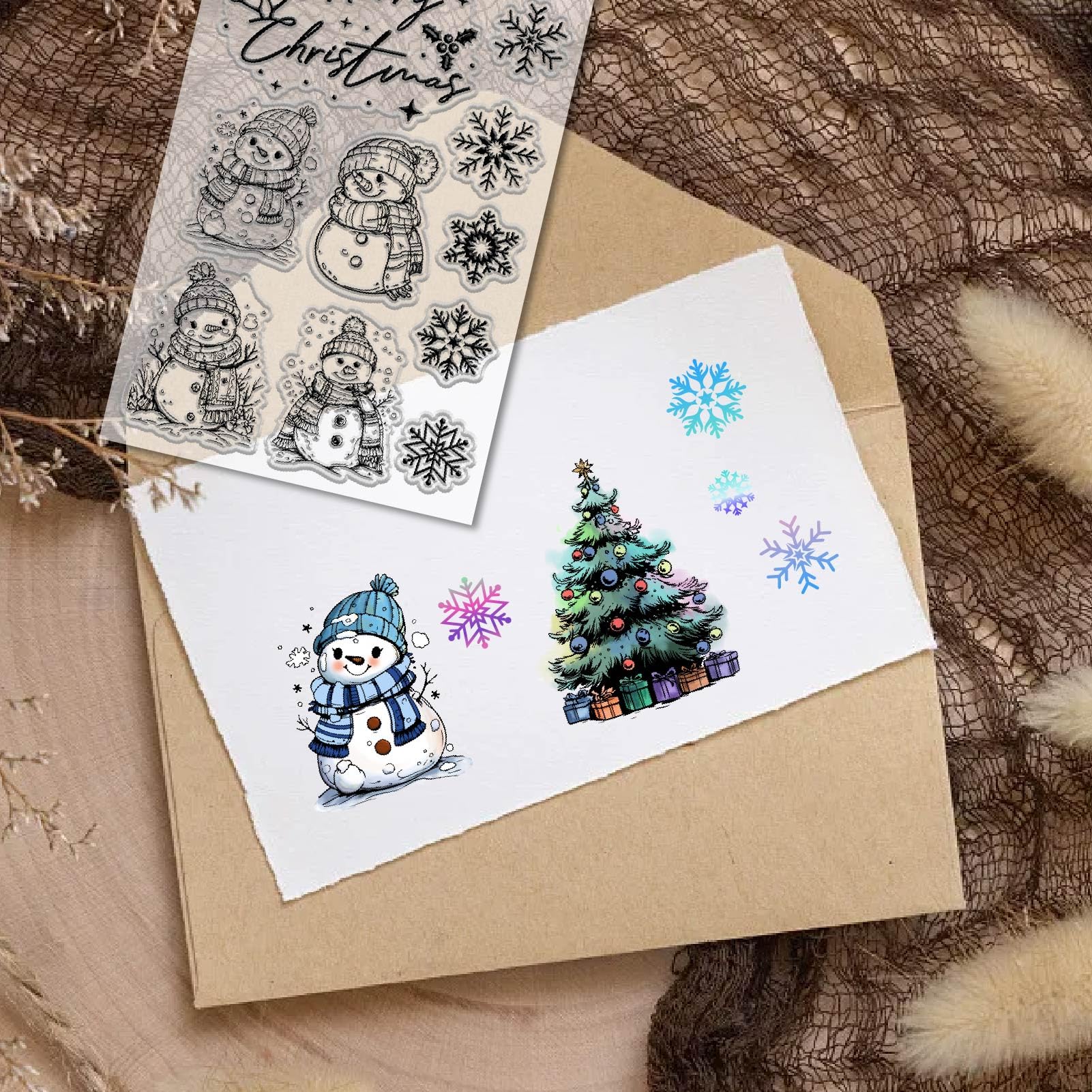 CRASPIRE 2 Fogli Buon Natale Timbri in Gomma Trasparente Pupazzo di Neve Fiocco di Neve Albero di Natale Parole di Auguri Regalo Riutilizzabile Vintage Trasparente Timbro Sigillo in Silicone