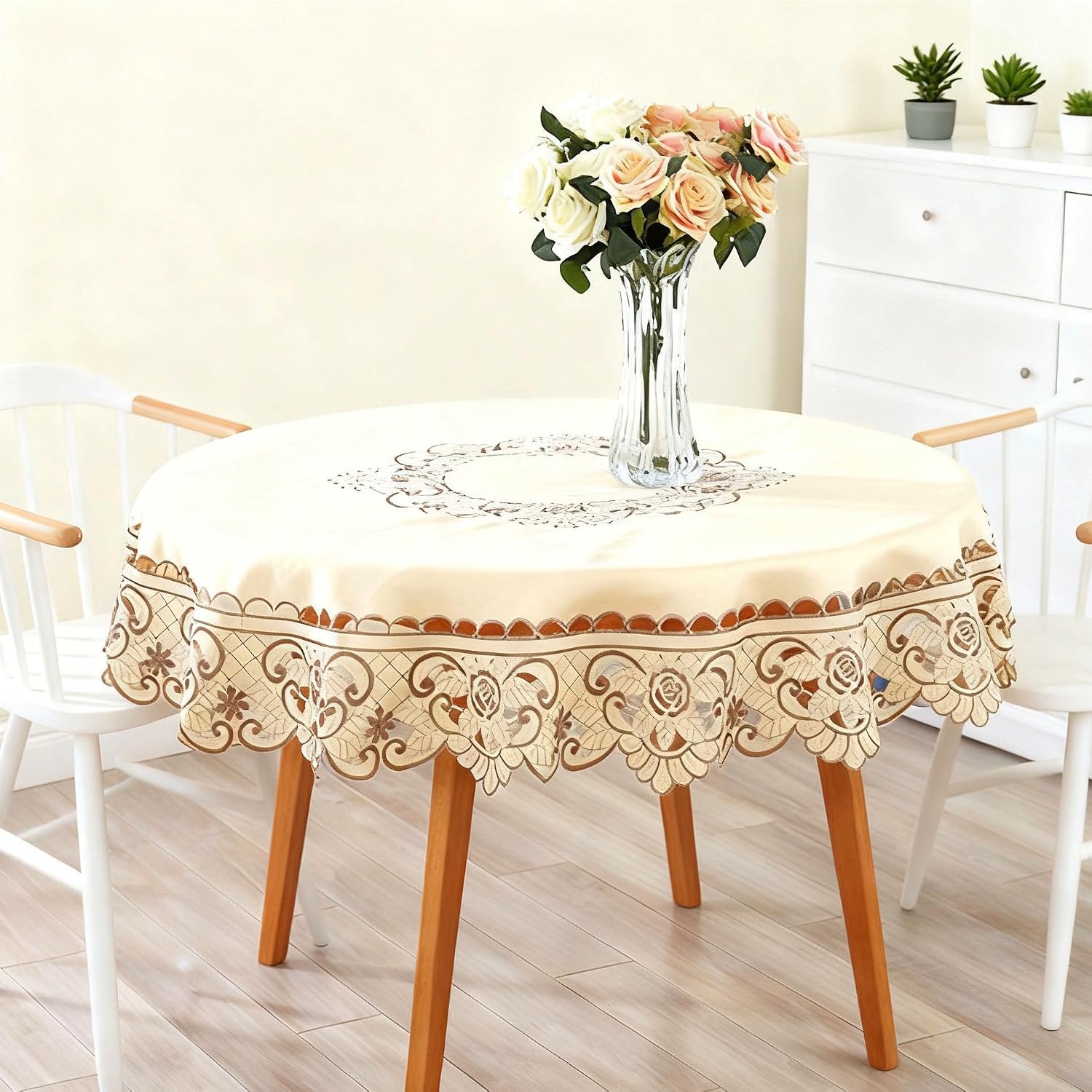 68 Inch Round Vintage Embroidered Brown Flower Classic Lace Tablecloth, Elegant Cabinet Dining Room Home Decoration Table Cloth Cover