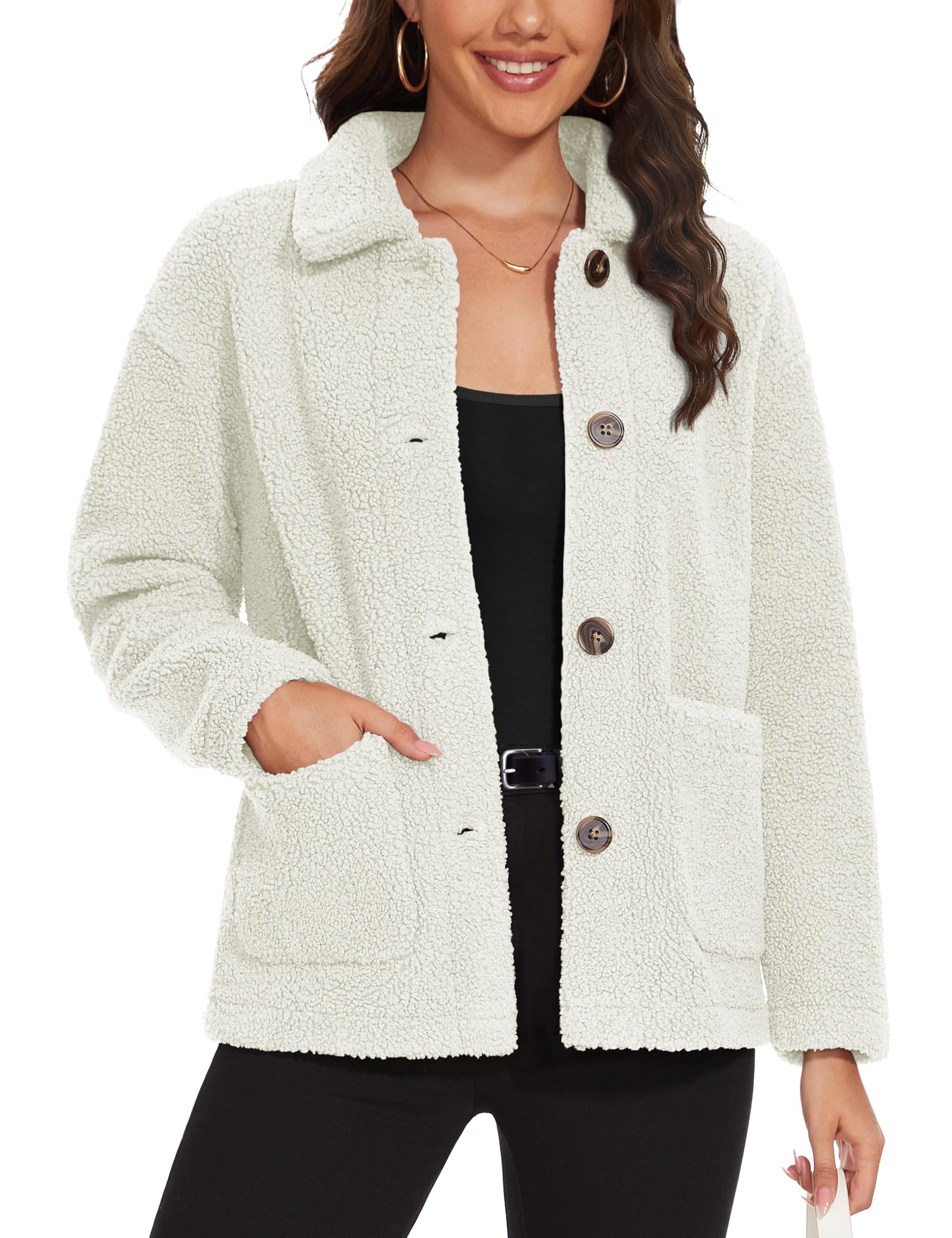 MAGCOMSEN Womens Sherpa Fleece Jackets Fuzzy Warm Winter Jackets Button Down Coat Long Sleeve Outwear with Pockets