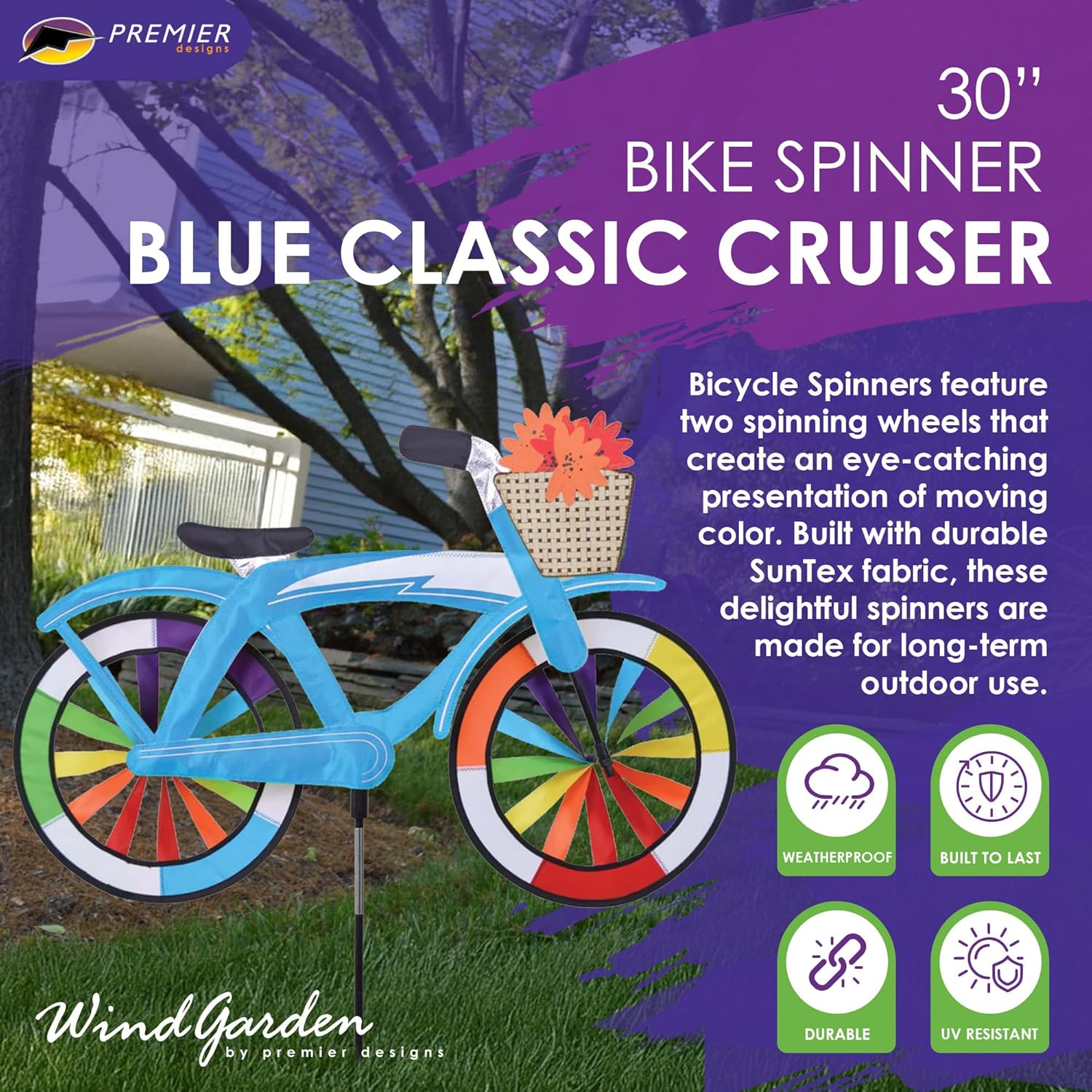 Bike Spinner Blue Classic Cruiser 30" – Retro Bicycle Design, Weather-Resistant Outdoor Decor, Durable & Lightweight for Patios, Yards, and Gardens - Eye-Catching Wind Spinner with Rotating Wheels