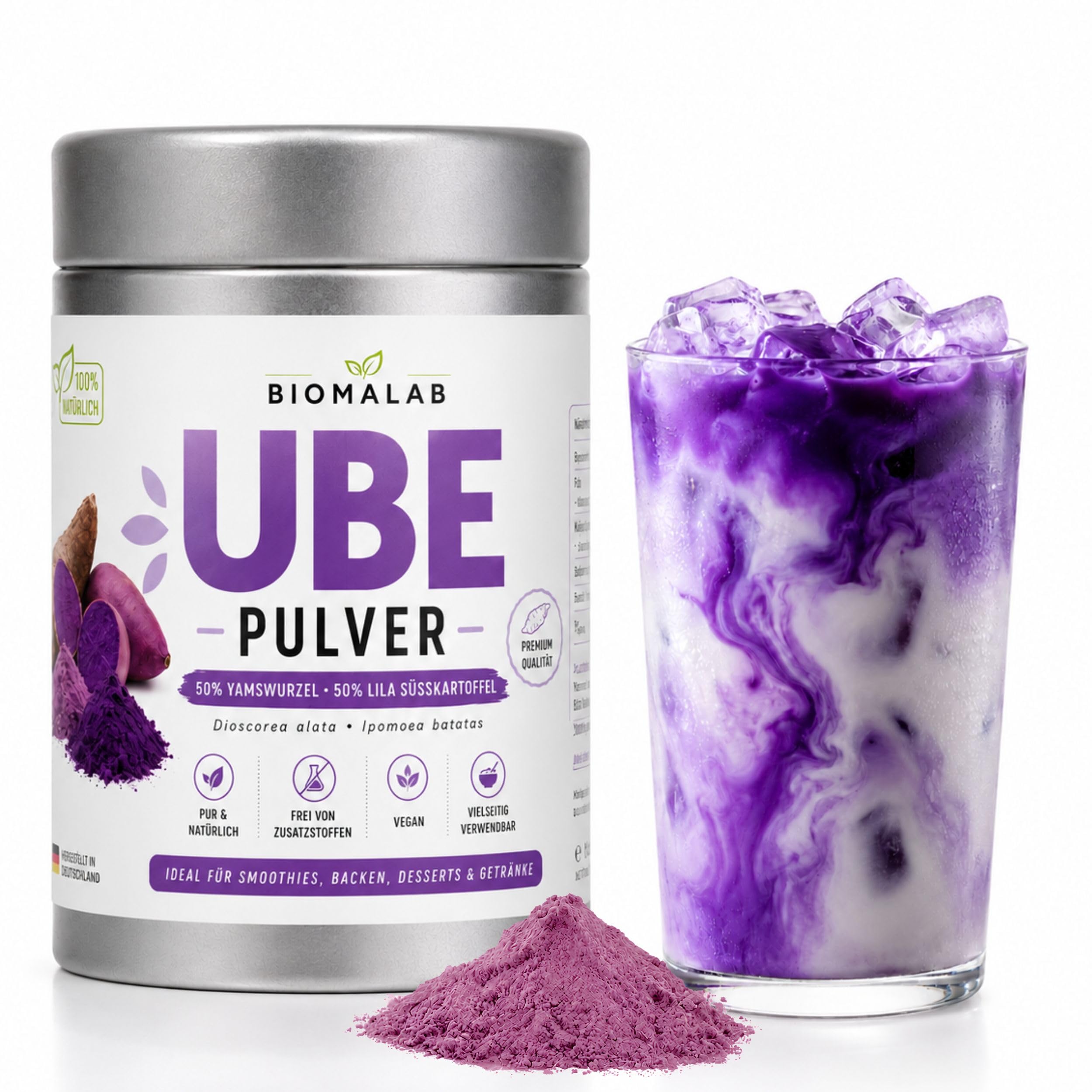 Biomalab Ube Pulver (140g Dose) – 100% Natürliche Yamswurzel & Lila Süßkartoffel – Original Premium Purple Yam Powder – Vegan, Glutenfrei & Ohne Zuckerzusatz – Ideal für Ube Latte, Bubble Tea & Backen