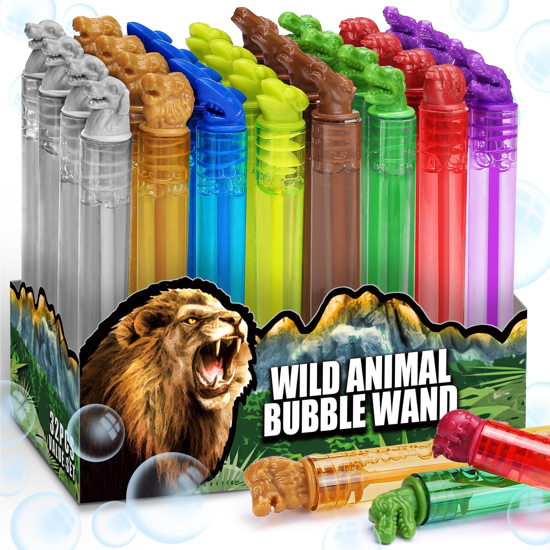 32 Pack Wild Animal Party Favors for Kids, Mini Bubble Wands Bulk Toys, Jungle Birthday Decoration, Safari Goodie Bag, Pinata Stuffer Supplies, Zoo