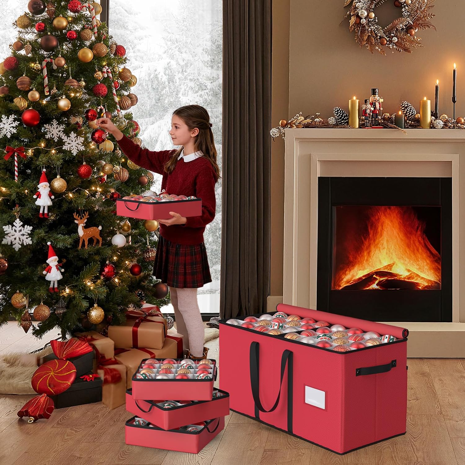 Winpull Christmas Ornament Storage Box with 8 Trays, Christmas Storage Container for 128-3'' Holiday Ornament Decorations, Large Xmas Organizer with Adjustable Dividers, Dual Zipper and Pocket - Red