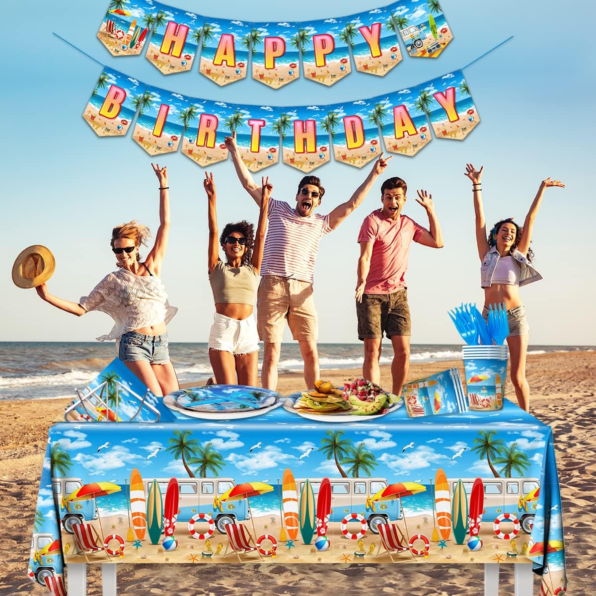 Beach Birthday Party Supplies - 142PCS Hawaiian Pool Party Decoration Including Beach Dinner Plates,Tablecloth for Summer Beach Tropical Baby Shower Birthday Decoration