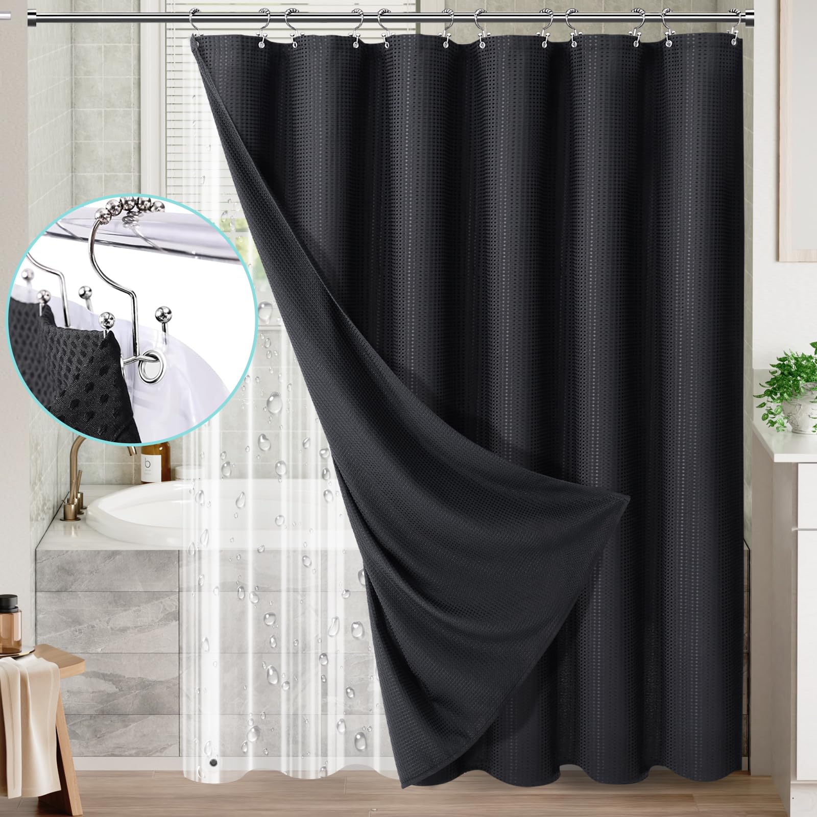 3 in 1 Shower Curtain Set, Waffle Shower Curtain and Liner Set with 12 Double Sided Shower Curtain Hooks, 258GSM Luxury Weighted Cloth Shower Curtains for Bathroom, 72 W x 72 H, BlackOEKO-TEX STANDARD 100