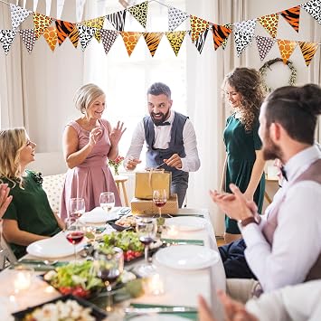 Thenshop 5pcs 32ft Jungle Safari Party Decorations Brown Wild Animal Leopard Zebra Print Triangle Flag Fabric Banner Pennant Garland Streamers for Cheetah Birthday Baby Shower Party Decor Supplies