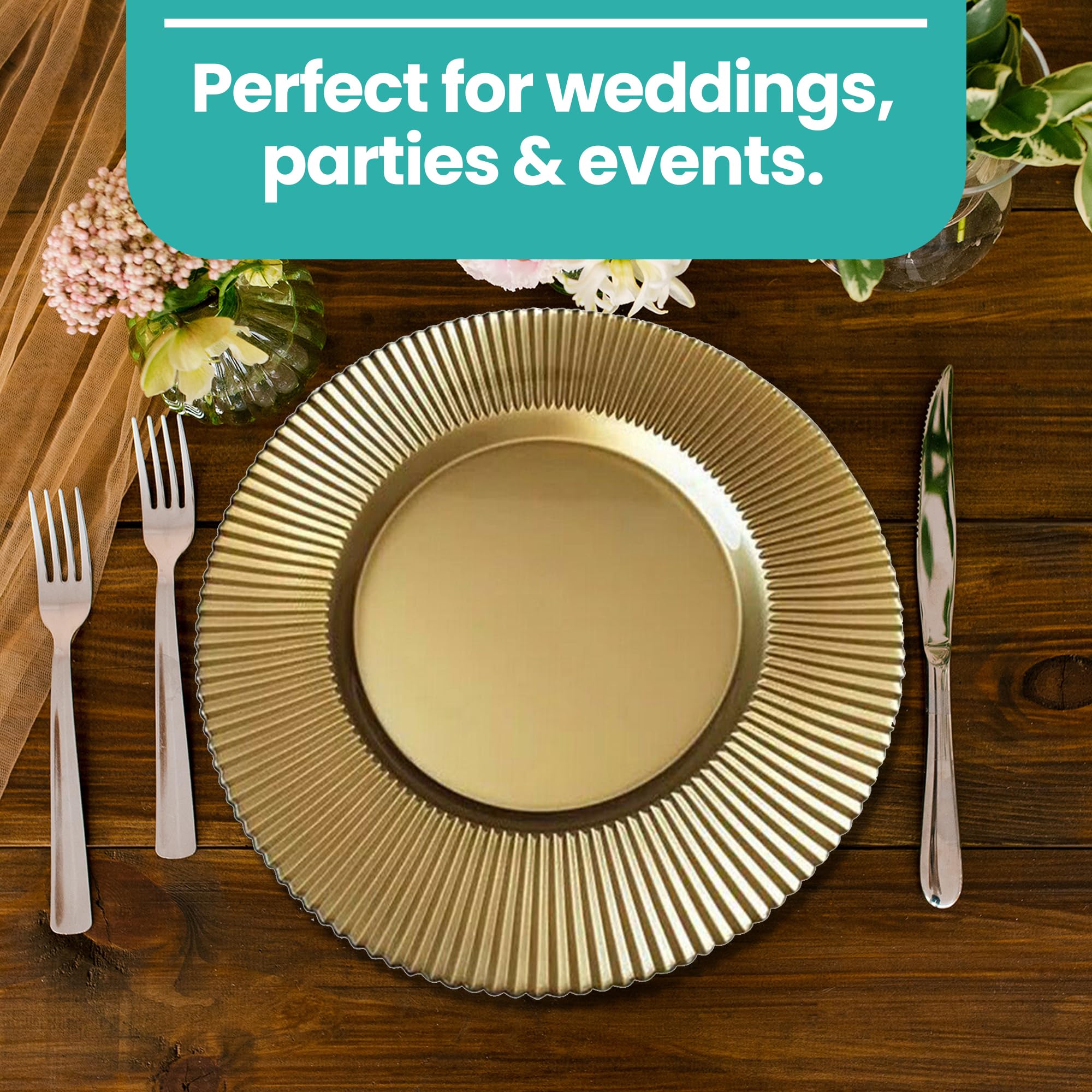 Trimming Shop Gold Charger Plates - 33cm Ribbed Edge Polypropylene Decorative Plates For Weddings, Parties & Events, Set Of 6