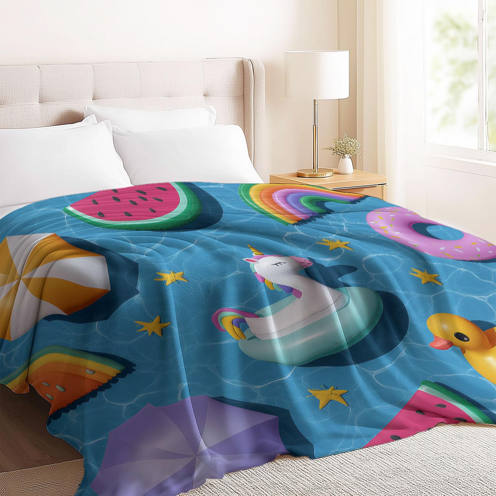 Manta mullida de 180 x 220 cm – azul suave franela reversible para sofá o piscina, con anillo de natación, manta de forro polar extra cálida para camping y oficina