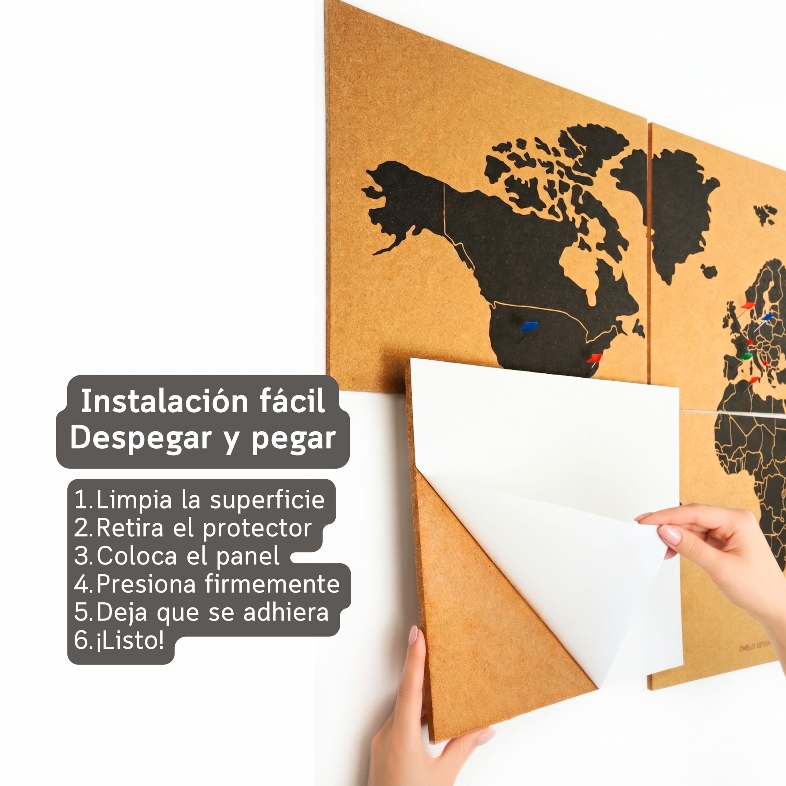 Mapa Mundi Corcho Pared XXL 120x60 cm – 6 Paneles Autoadhesivos – Mapa para Marcar Viajes con Chinchetas – 60 Chinchetas Incluidas – Decoración Hogar