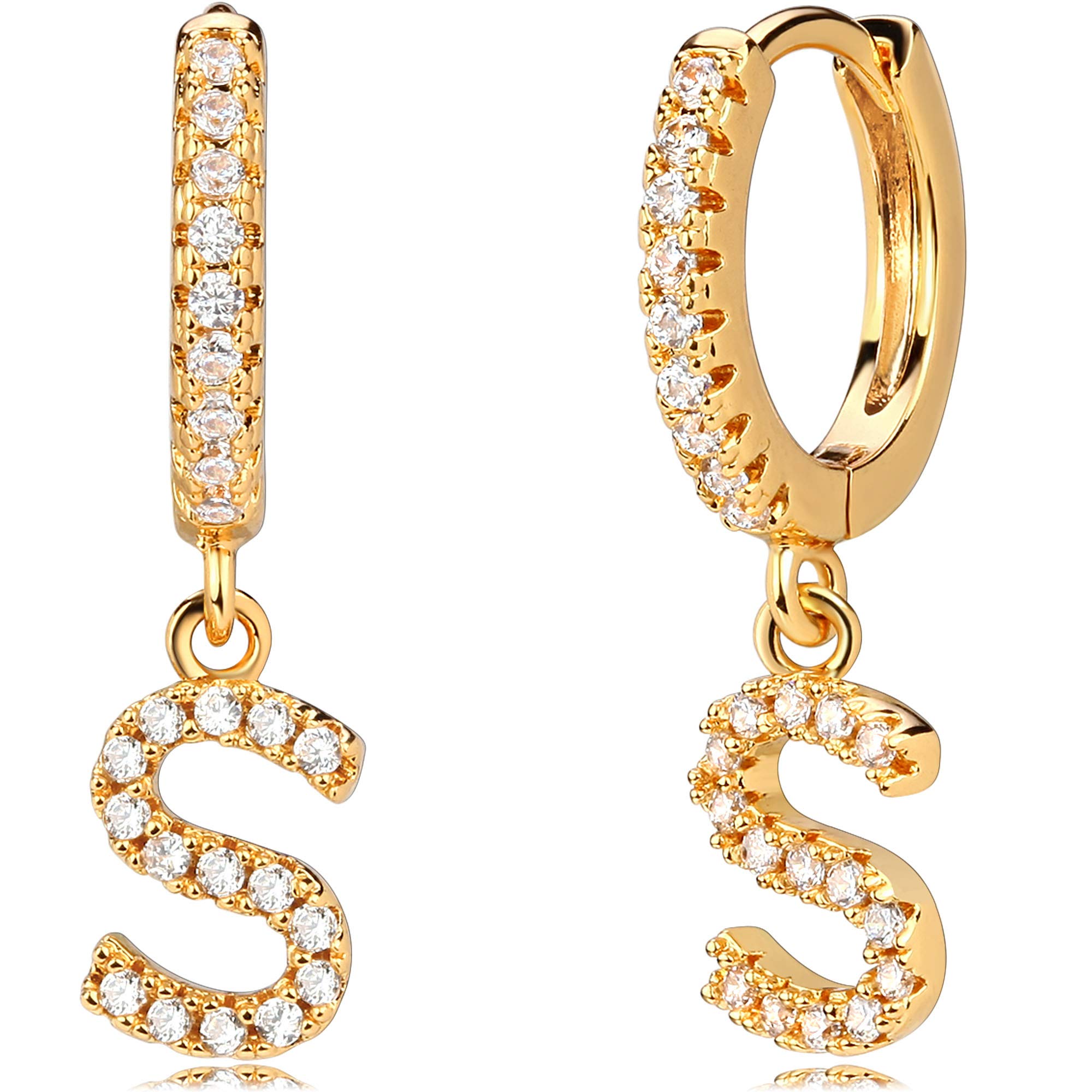 MEVECCO18K Dainty Gold Filled Pave Cubic Zircon Letter Charm Huggie Hoop Earrings Wear Initials A-Z 26 Letter Charm Earrings Personalized Tiny Dangle Minimalist Initial Jewelry