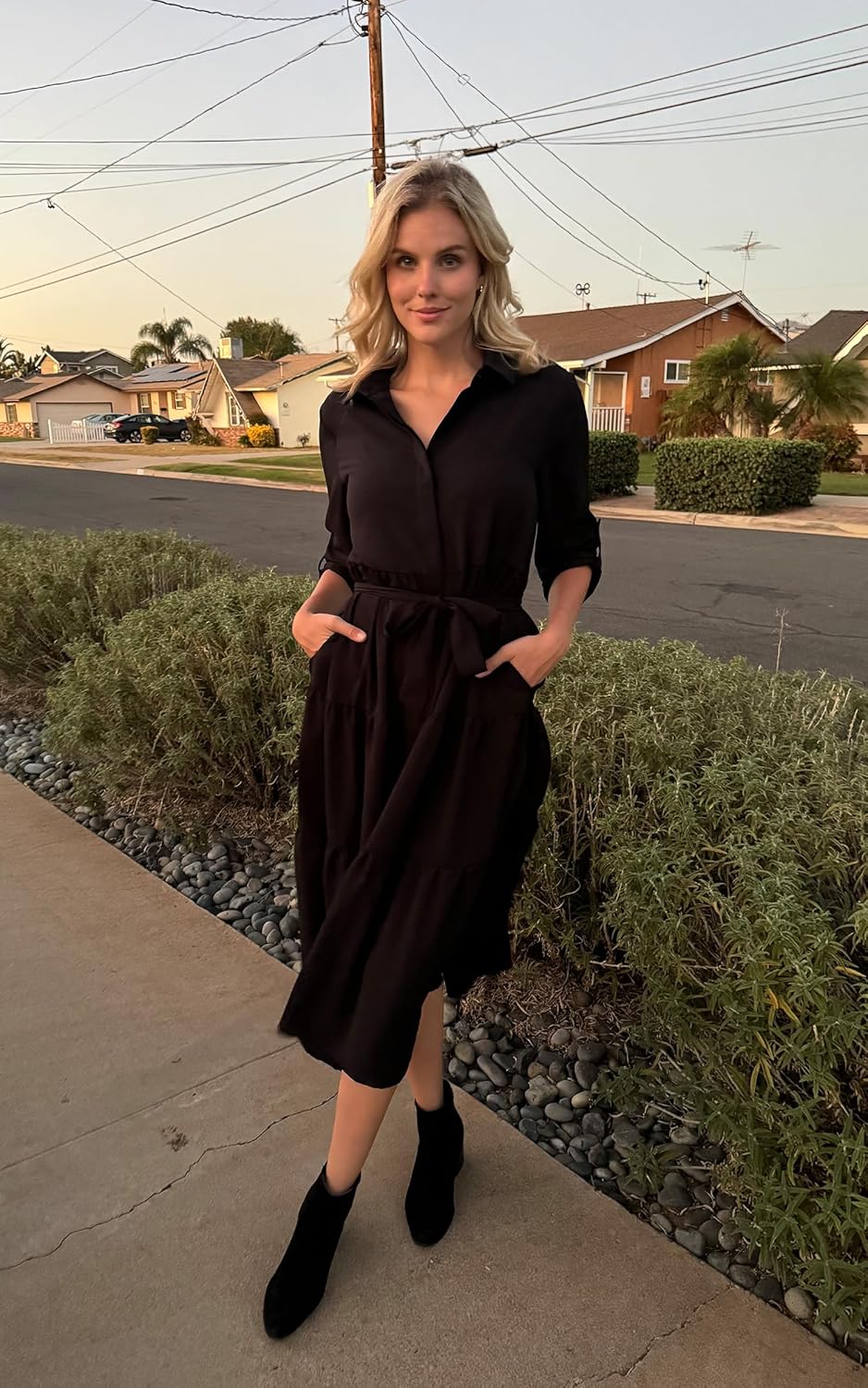 ECOWISH Women's Maxi Shirt Dress - 2026 Long Sleeve Button Casual Fall A-line Work Tiered Dresses with Belt and Pockets - Image 5