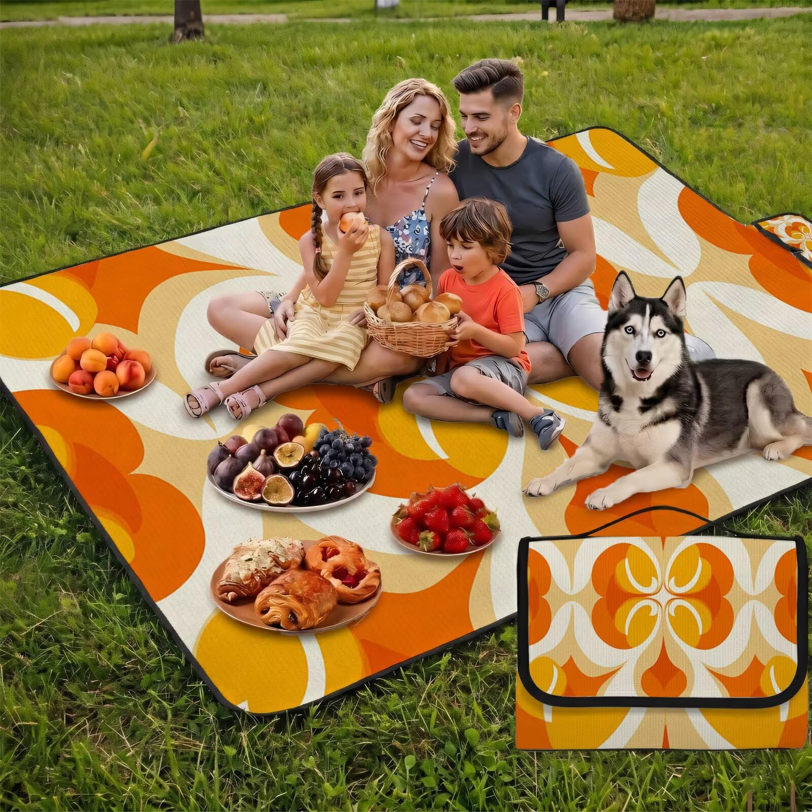 Couverture de Pique-Nique Grande 200x300 cm,Outdoor Couverture Imperméable,Pliable Tapis de Plage Dos en PVC Anti-Sable,Picnic Blanket pour Camping Accessoires,Jardin,Parc,Famille - Jaune,orange UZ-86