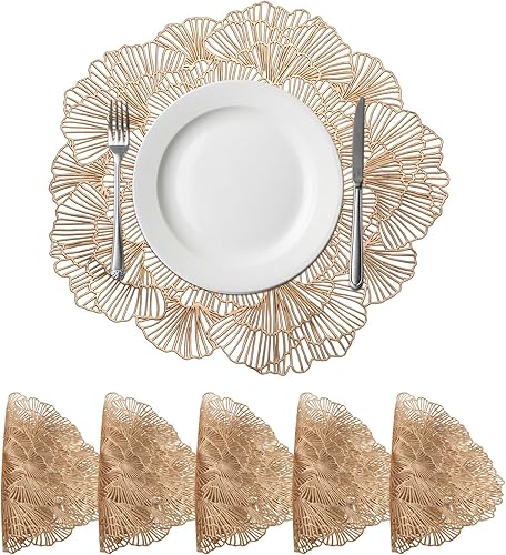 uxcell Juego de 6 manteles individuales redondos de flores doradas para mesas de cena, manteles individuales metálicos de polivinilo prensado,