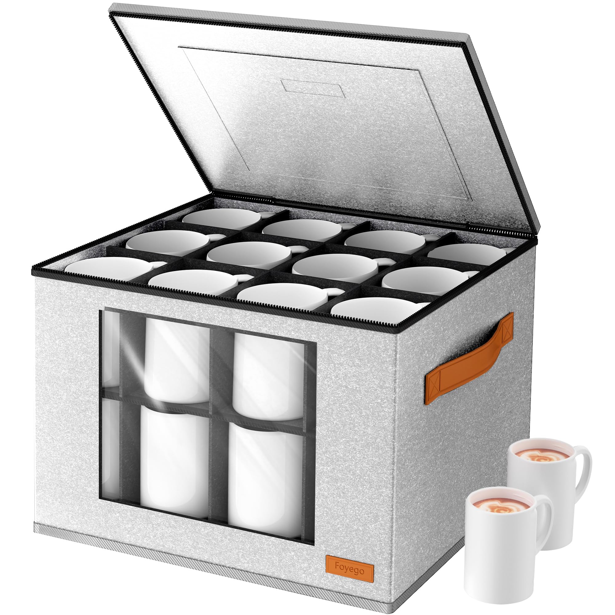 Photo 1 of 2-Layer Coffee Mug Storage Box with Dividers, Cup Storage Organizer with Zipper Lid and Handles, Stackable China Storage Containers Service for 24 Mugs, Cups and Glasses, Light Grey