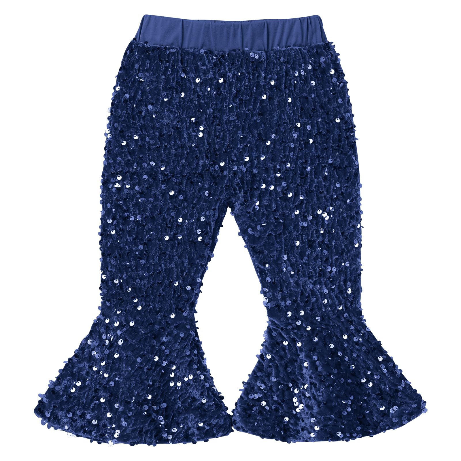 ODOLDI Toddler Sequin Bell Bottom Pants Blue Velvet Baby Flare Pants Sparkly Flared Pants Girls Fall Winter Casual Elastic Waist Sparkly Sequins Bell Bottom Flare Pants Navy Blue 12-18 Months