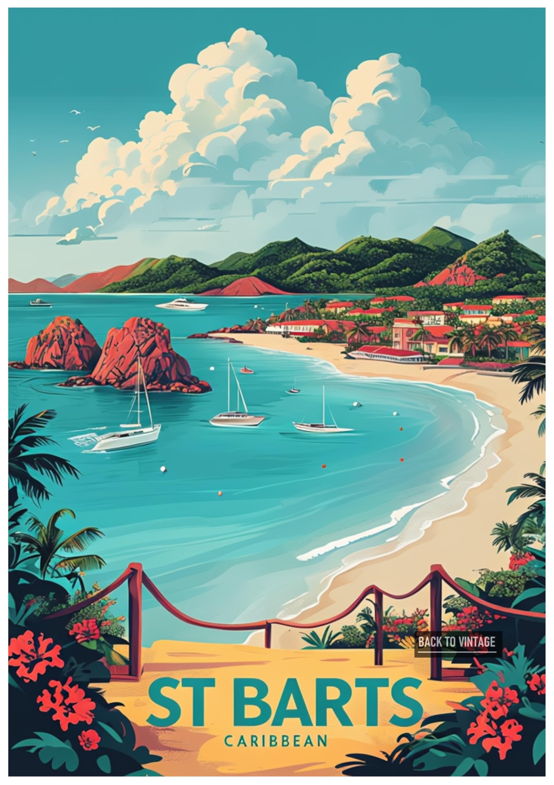 Back To Vintage Multicoloured Vibrant Isometric Illustration Of St Barts Coastal Town - Retro Europe Travel Poster A4 Size Vintage Wall Art Print Of Famous European Destinations Ideal For Home Or Office Decor