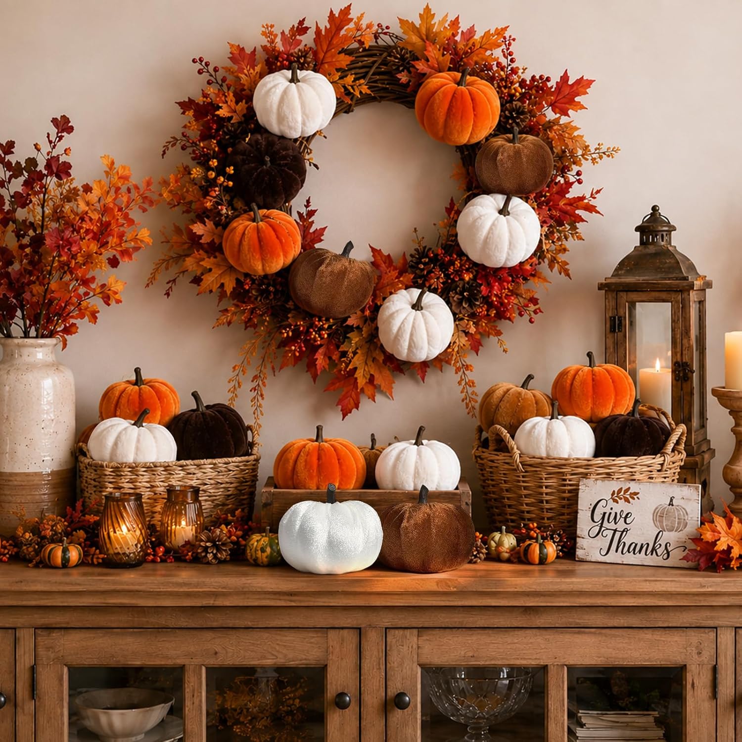 16PCS Pumpkin Ornaments for Fall Tree, 3.15" Large Velvet Hanging Pumpkin