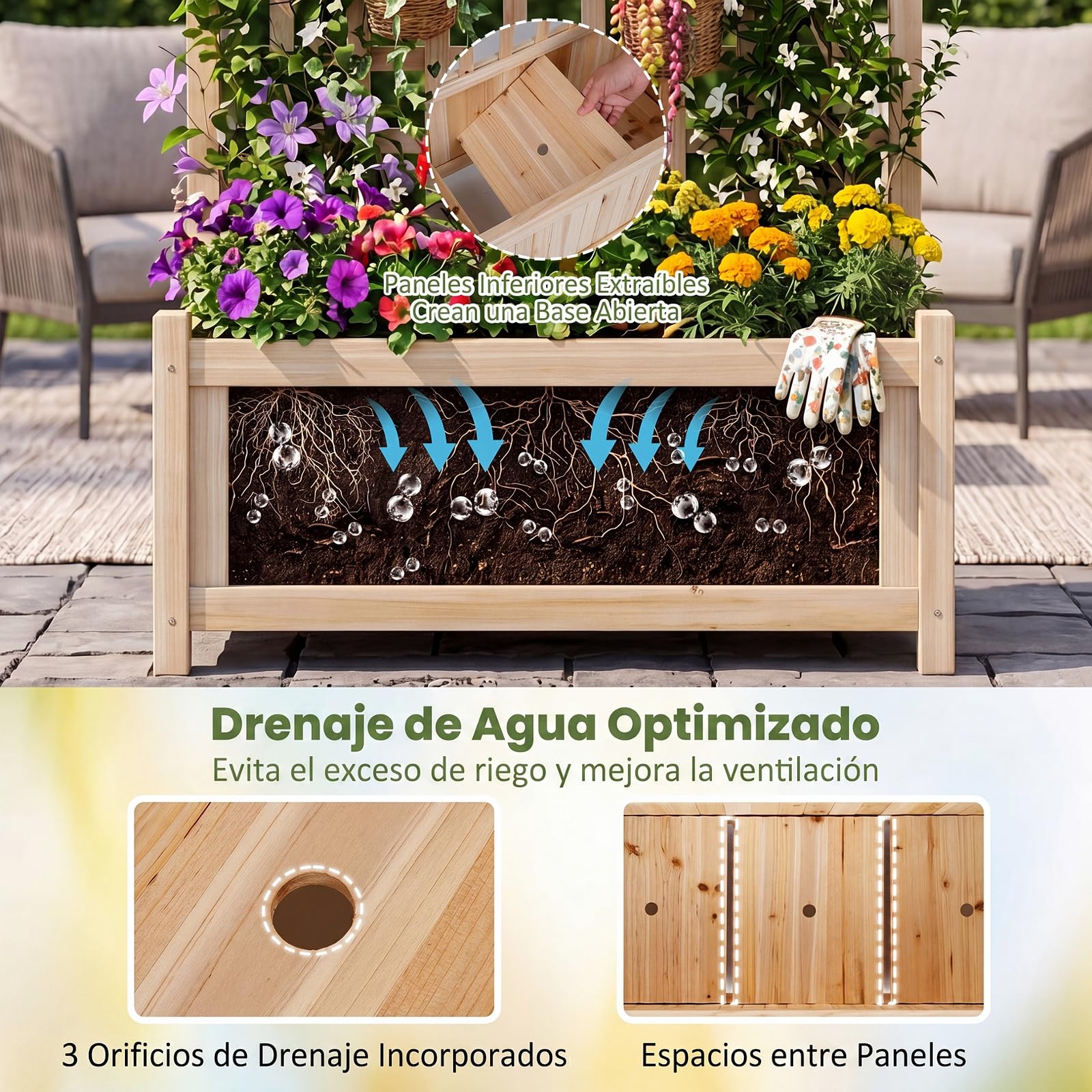 COSTWAY Jardinera Elevada con Enrejado, Macetero con Soporte para Trepadoras, Marco de de Madera de Abeto, Agujeros de Drenaje, Huerto Urbano Exterior Grande para Terraza Balcón Patio (Natural)
