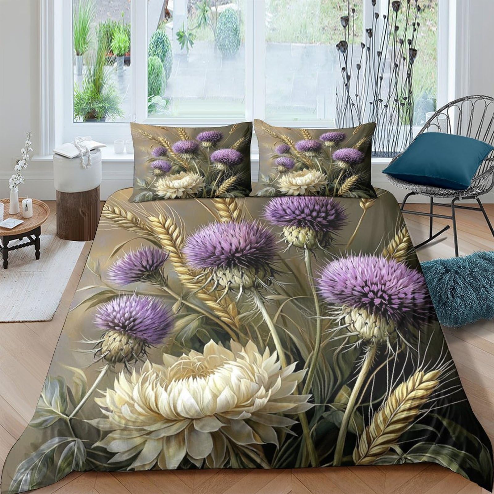 Ctjqhvkz Style-4 3D Printed Thistle Flower Fitted Sheet Microfiber Soft Breathable Wheat Field Mattress Cover Bedroom Decor Single（135X200cm）