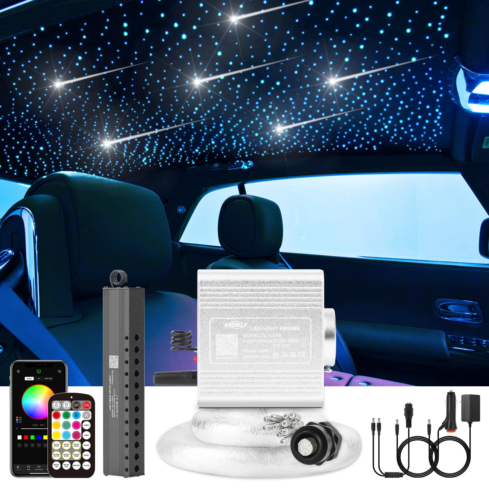 CHINLY Starlight Headliner Kit - Star Lights for Car Ceiling, 500pcs Fiber Optic Lights (0.03in+0.04in+0.06in) 13.1ft