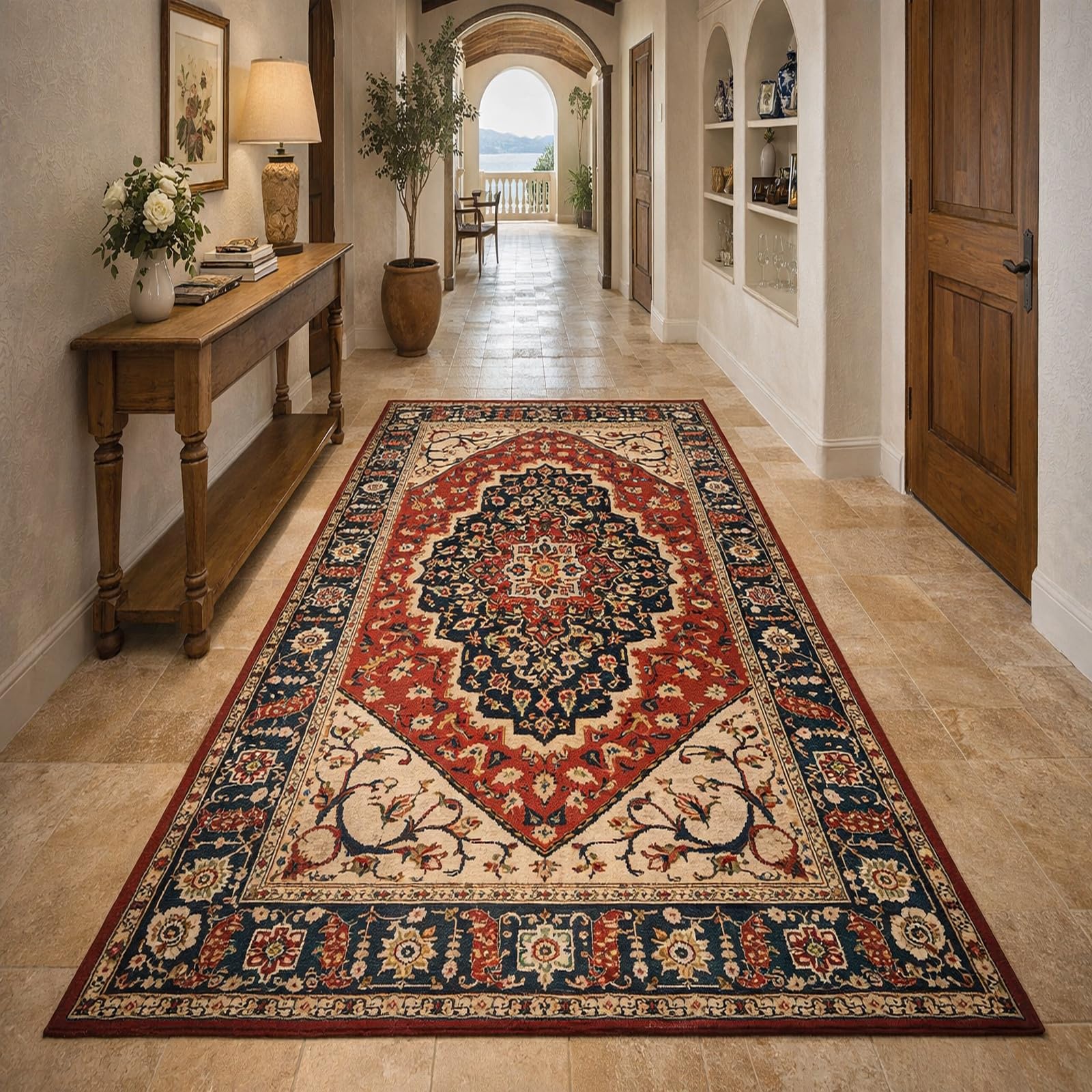 Tapis de salle a manger bleu et rouge vintage pour grand salon chaleureux