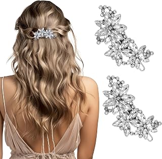2Pcs Crystal Flower Hair Clips, Silver Rhinestone Hair Pins Rhinestone Bridal Hair Accessories Diamond Hair Clips Floral Style Wedding Headpiece for Brides Women Girls