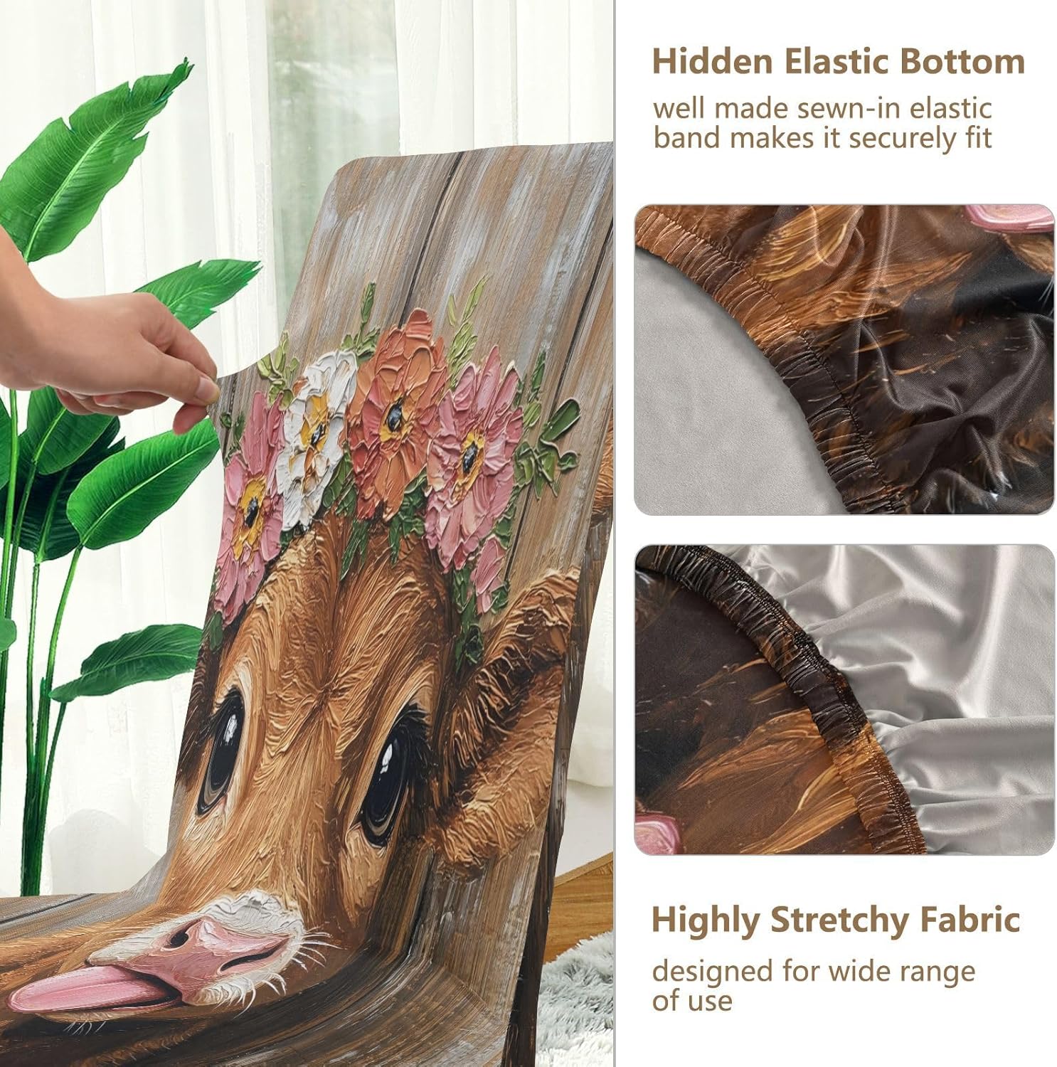 ALAZA Chair Covers for Dining Room, Wooden Cow Stretch Chair Cover Sets Chair Protector Removable Washable for Ktichen Restaurant Hotel