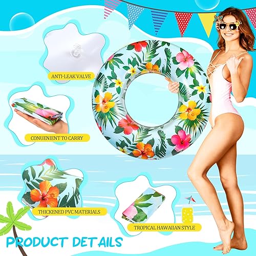 Miniatura 3 de Poen Flotadores grandes de piscina de 32 pulgadas con hojas tropicales inflables para adultos, suministros de playa de Hawaii Luau (6 piezas)