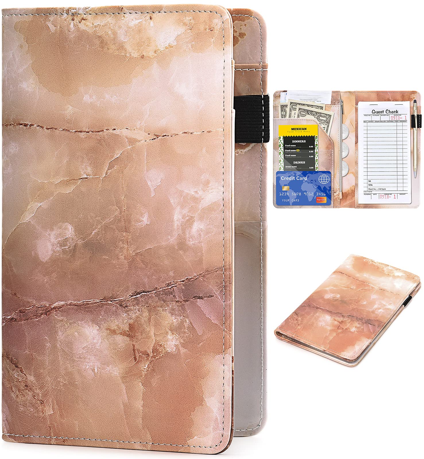 Libros de mesero para camarera – Cartera de cuero con textura de mármol con bolsillo con cremallera, bonito libro de camarera y organizador de camareros con bolsillo para dinero, delantal de servidor