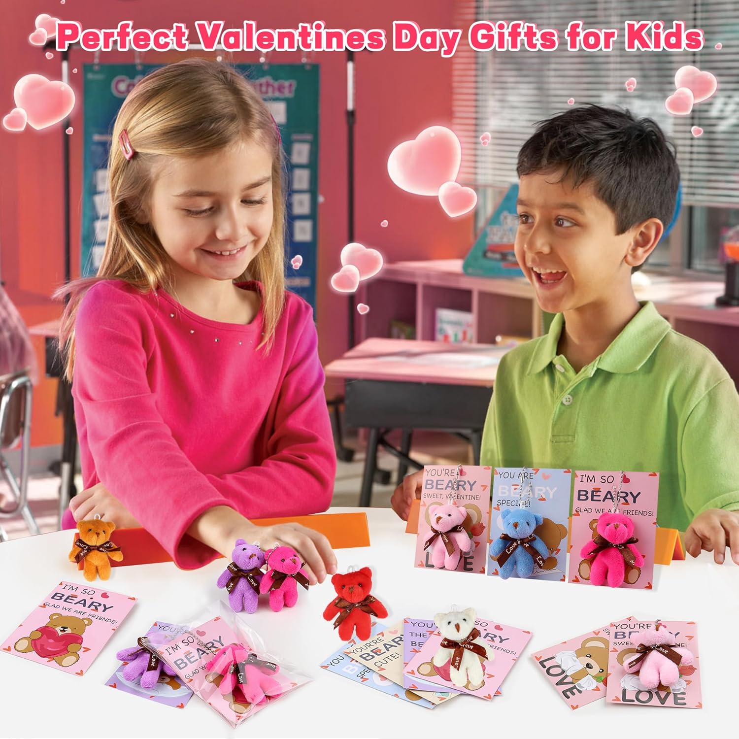 28 Pack Valentiens Day Gifts for Kids School Valentines Day Cards with Mini Bear Plush Toy Keychains, Valentines for Kids Classroom Valentines Exchange Gifts Class Valentines Party Favors for Boy Girl - Image 5