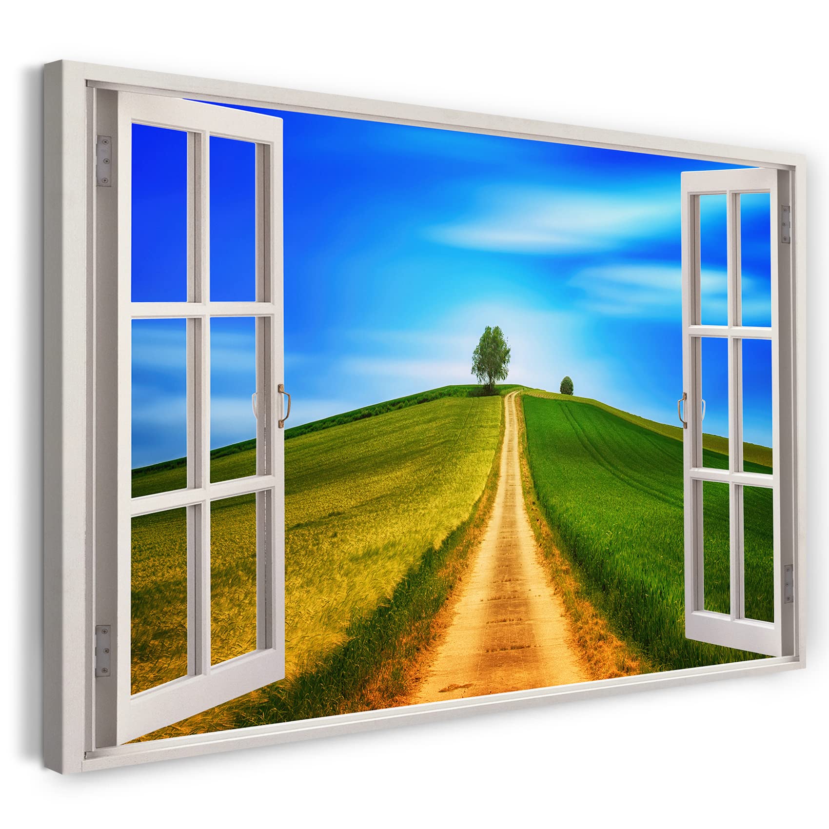 Print on Canvas (100x70 cm) view from the window - path field tree pasture landscape nature - nature photography, real wood frame with hook