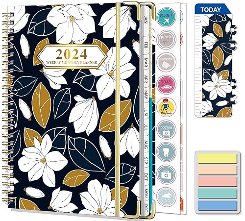 Gumiho Agenda Semainier 2024 Spirale - Agenda Scolaire A5 (Janvier à décembre 2024)-Avec 250 Autocollants de plan Adapté aux Bureau et Famille (Noir et blanc)