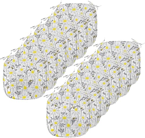 Ambesonne Juego de 12 cojines de asiento de silla amarillos, patrón con abejas y margaritas de manzanilla en la naturaleza floreciente, almohadillas