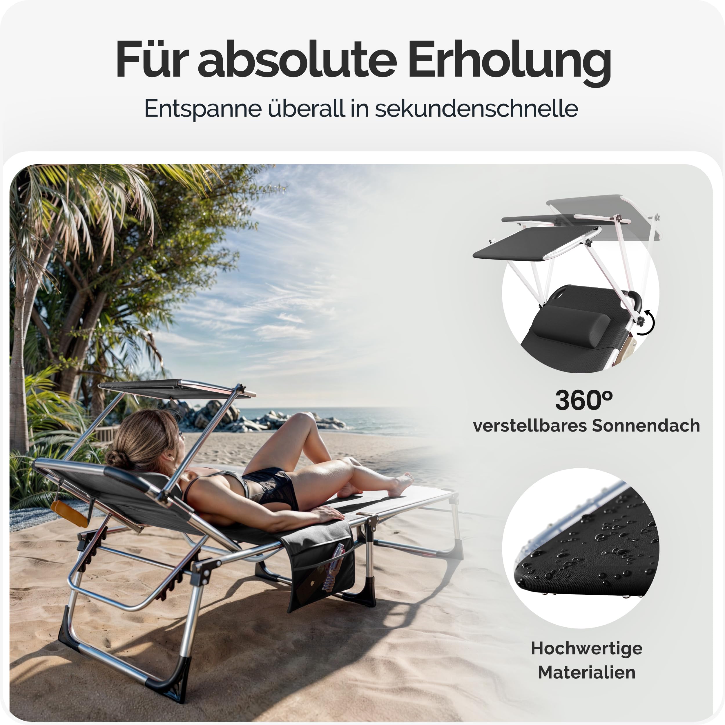 Casaria 2X Sonnenliege Klappbar mit Sonnendach Grau | 210x61cm, Wetterfest, Aluminium, Garten, Terrasse, 180 kg belastbar, Liegestuhl, inkl. Kissen, Seitentasche, Strandliege