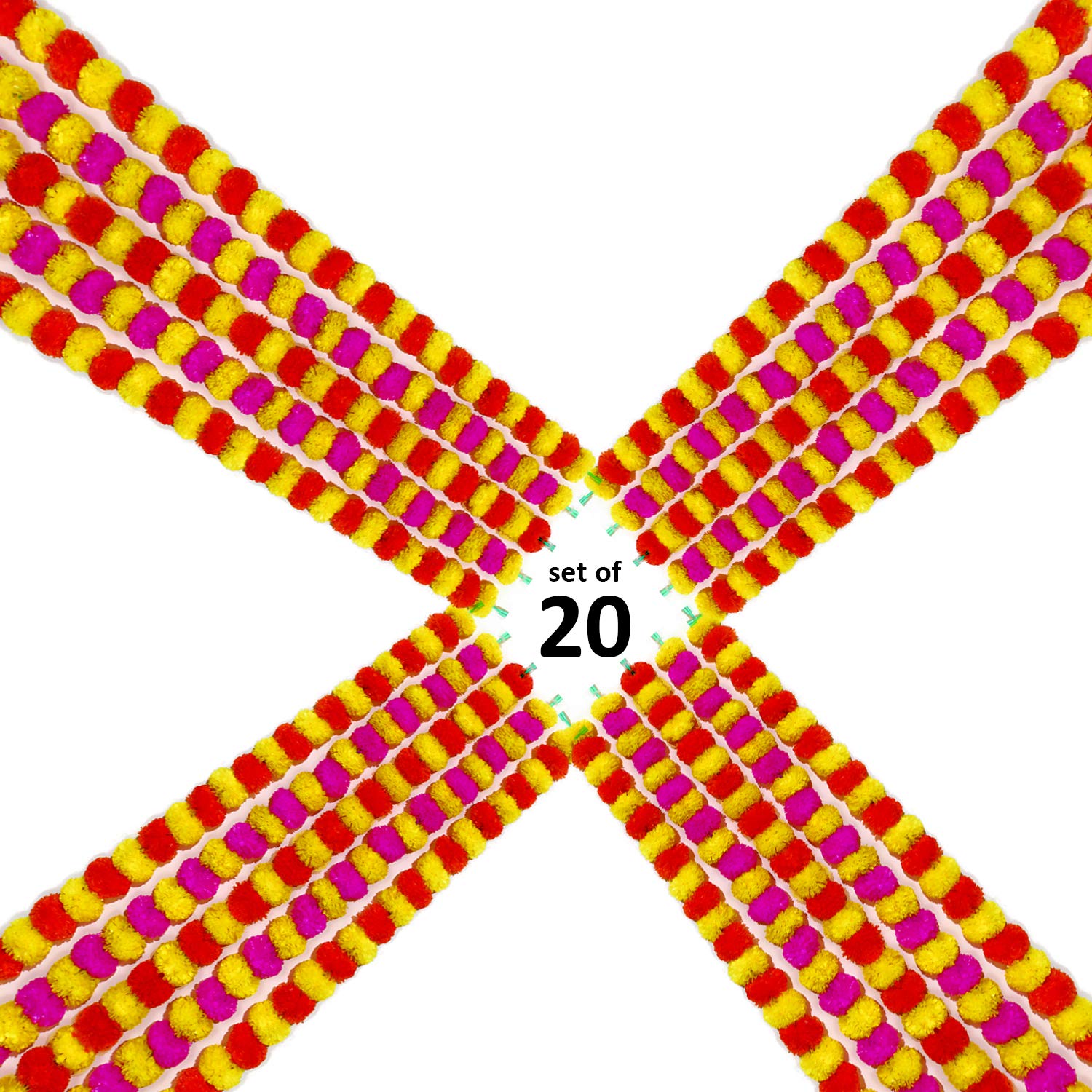 iHandikart Handmade Decorative Marigold Fluffy Artificial Garland, Size 60x2.5 inches Used for Office Home Diwali Decoration| Yellow,Red,Pink Colour (Pack of 20)