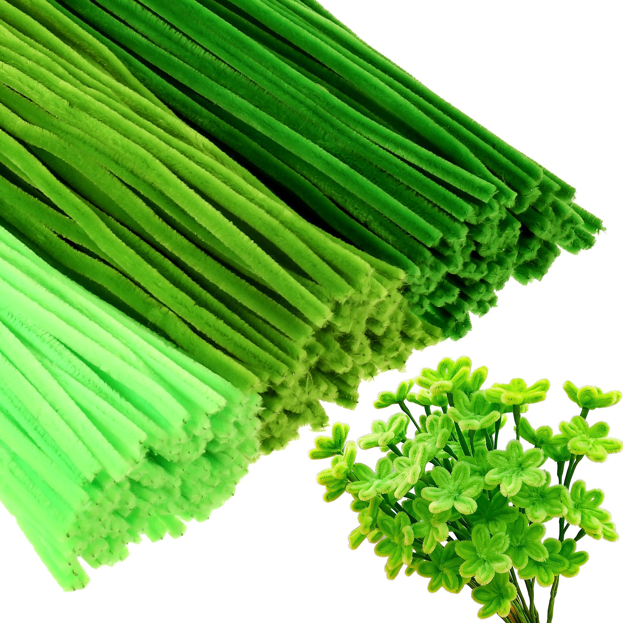 300pcs Green Pipe Cleaners, 30cm Long Fluffy Pipe Cleaners for Craft, Pipecleaner Chenille Sterms DIY Crafts Kit for Adult Kids, Pastel Pipecleaners for Craft Flowers Animals (Green, Dark Green)