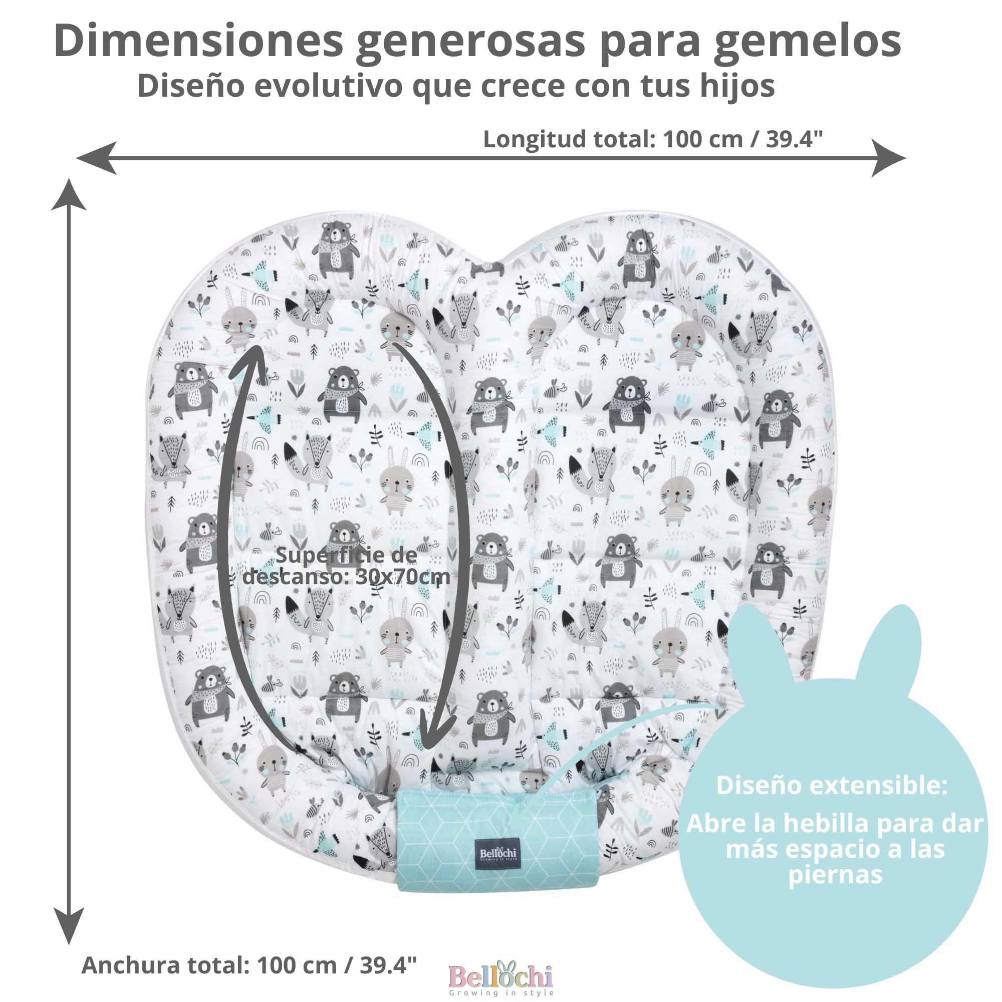 Bellochi Cocoon para Gemelos | Nido para Bebés 100x100 cm | Nido para Cuna | Nido para bebé | Multifuncional animaland