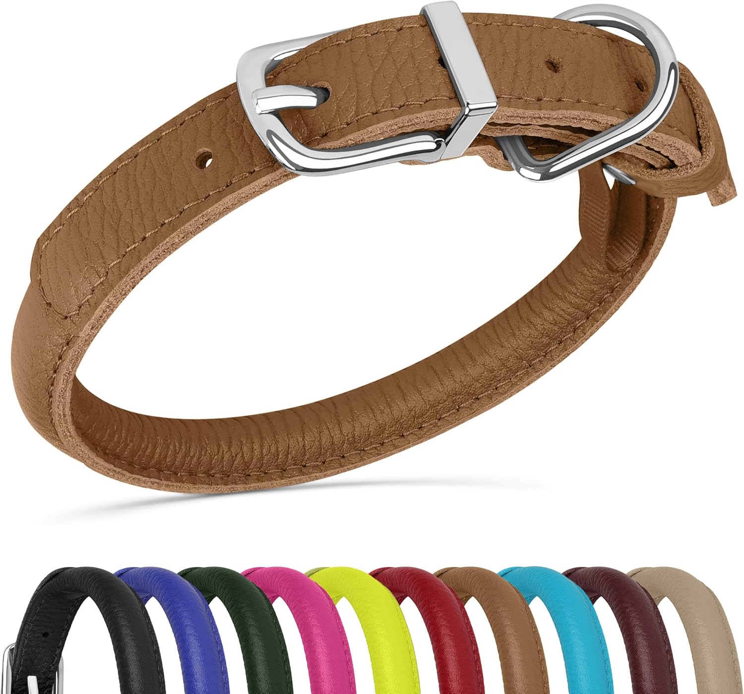 OOPSDOGGY Rolled Leather Dog Collar Soft Roll Collars for Small Medium Large Dogs Puppy (Brown, XXL, 20"-24")