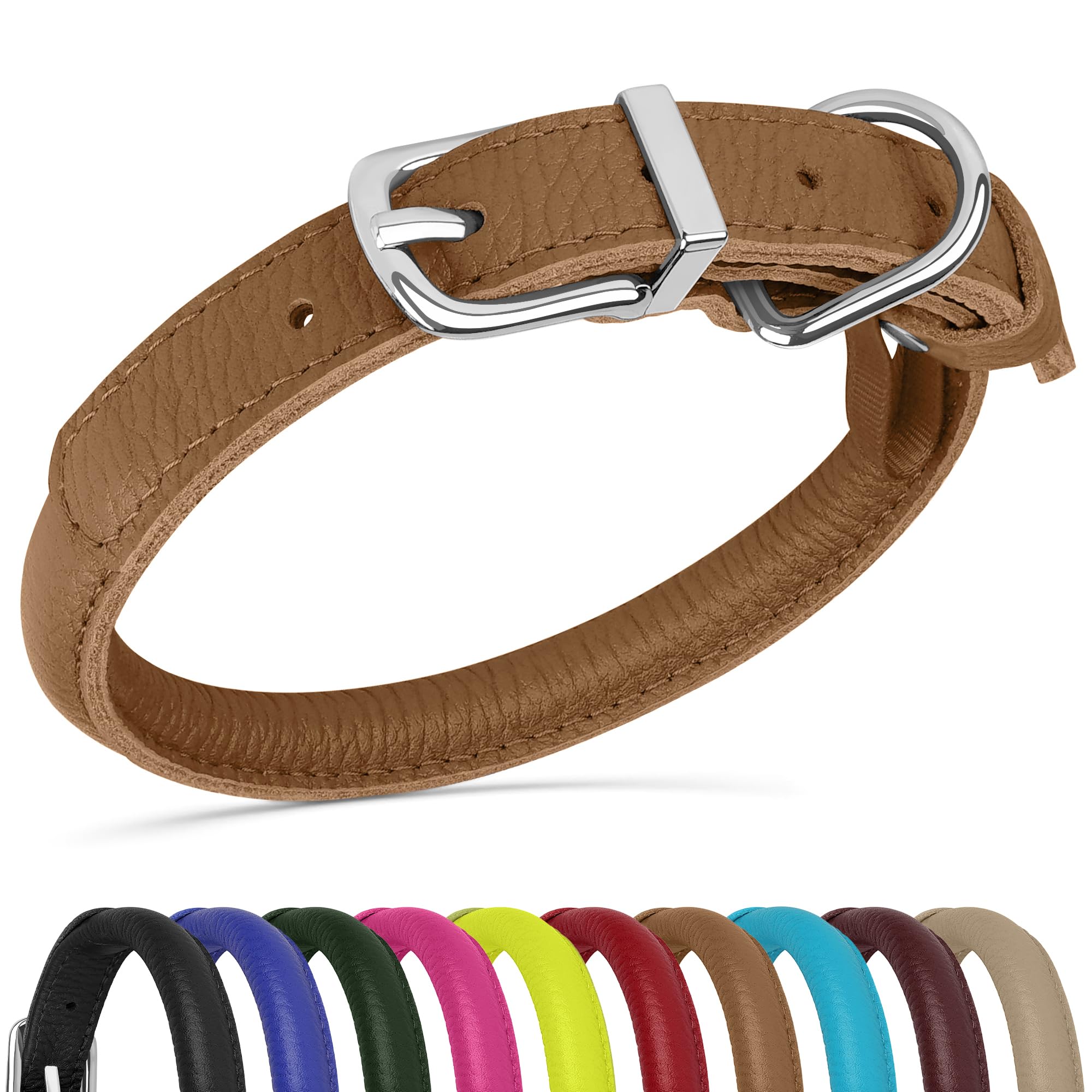 OOPSDOGGY Rolled Leather Dog Collar Soft Roll Collars for Small Medium Large Dogs Puppy (Brown, M, 12"-15")