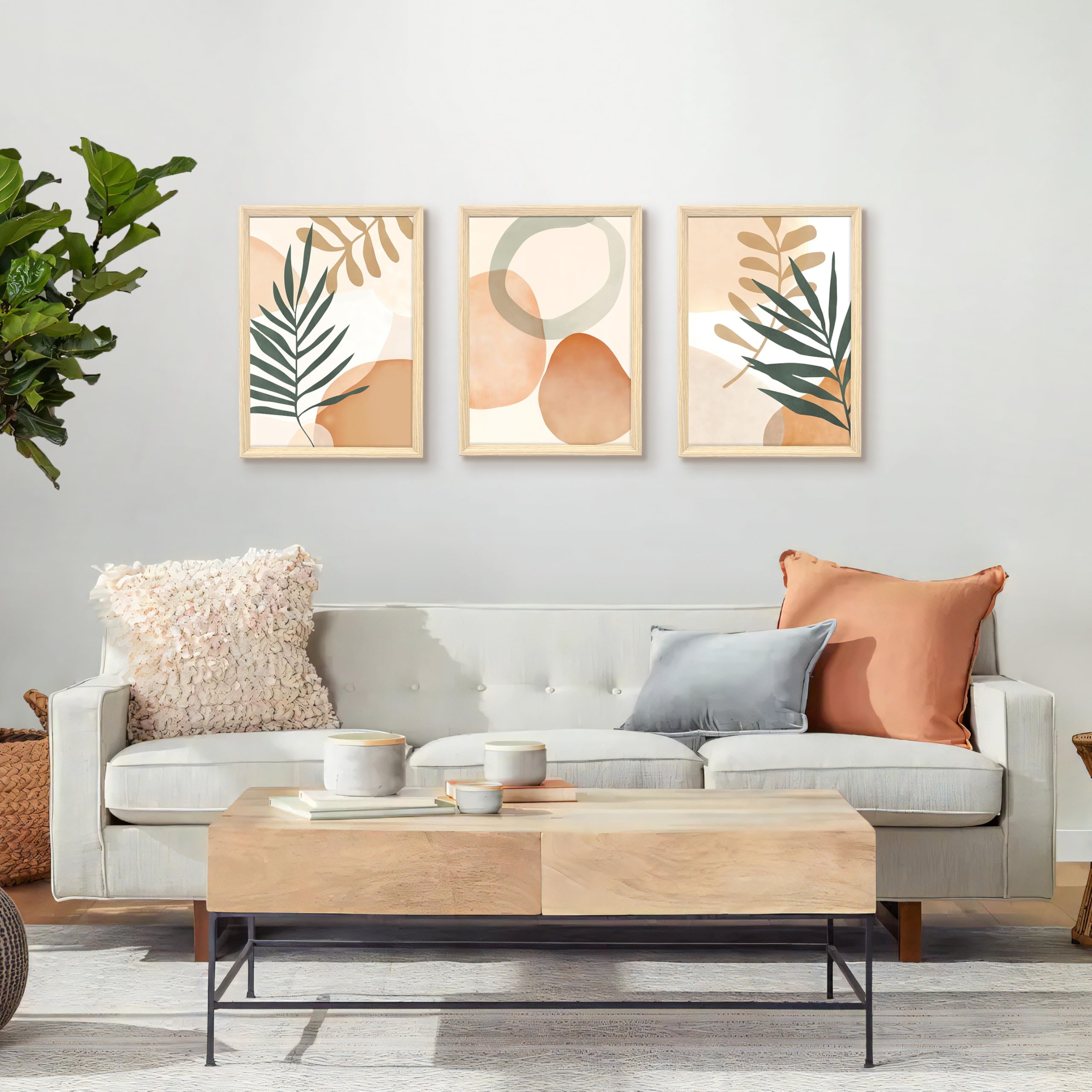 3 Pcs Wooden Framed Canvas Wall Art Set Bohemian Sage Green Canvas Prints Poster Geometric Line Beige Green Pictures for Living Room Bedroom Dinning Room Hallway Stairs Wall Decor 30x40cm x3pcs — view 10