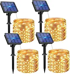 Pacote com 4 luzes solares para ambientes externos, luzes solares de fadas de 320 LED 320 pés à prova d'água 8 modos de fio de cobre movido a energia solar para jardim, pátio, árvore, decoração de festa de casamento de Natal (branco quente)