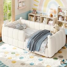 Harper & Bright Designs Twin Size Upholstered Floor Bed, Montessori Bed with Full Surround Safety Rails, Low Platform Bed Frame for Kids Boys Girls, Space Saving, No Box Spring Required, Beige