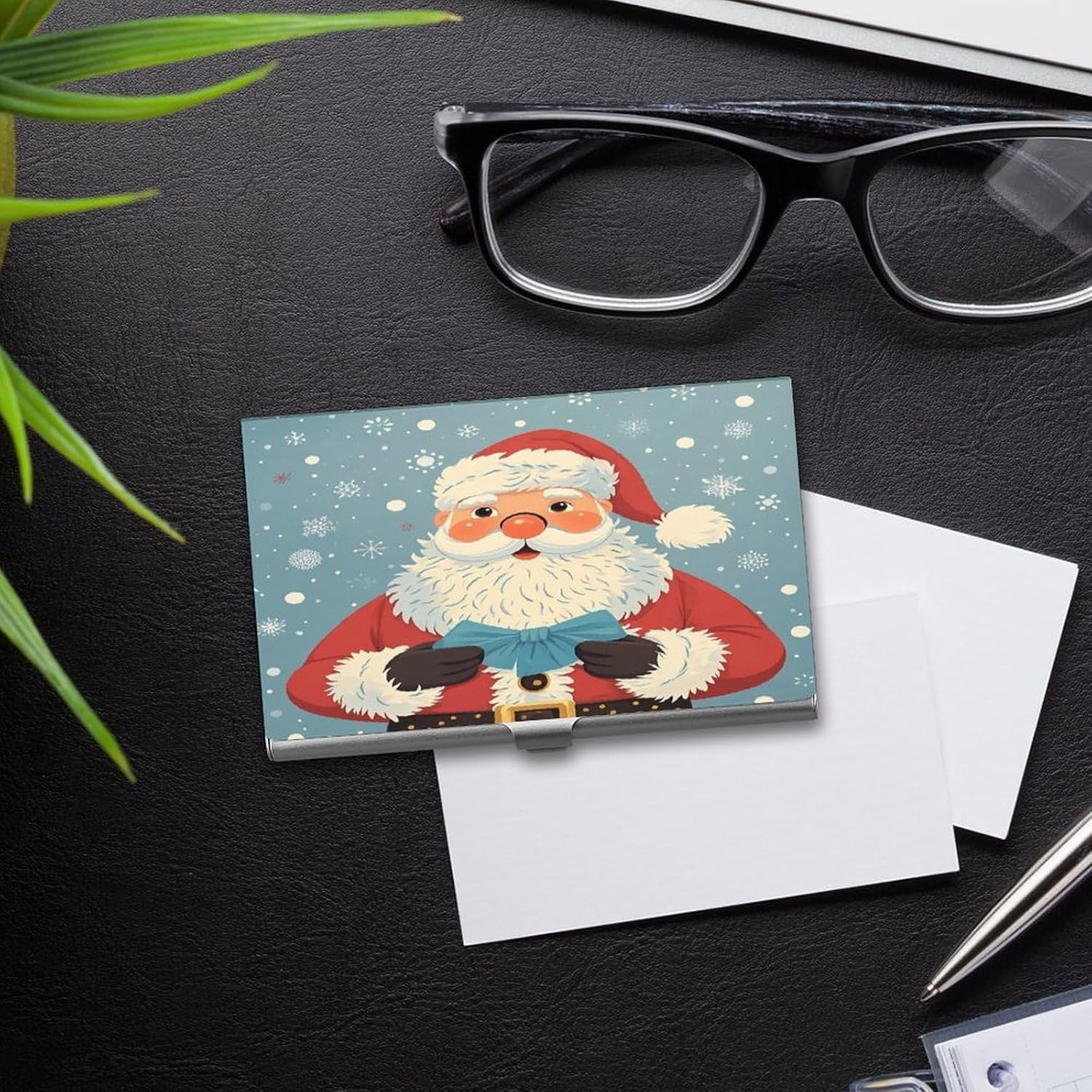 Christmas Santa Claus Business Card Case Metal Slim Business Card Holder Professional Name Card Holder Pocket Metal Case Business Card Wallet Pocket Wallet Name Card Case for Women Men